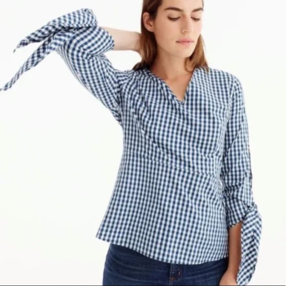 Universal Standard x J Crew Top Blouse Peplum Gingham Tie Sleeve Blue White